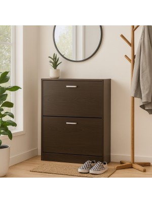 Vista ambientata Scarpiera in legno colore Wengè con 2 ante a ribalta con doppio scompartimento Totò Piccinni