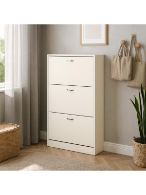 Vista ambientata Scarpiera Salvaspazio in legno colore Bianco Caldo 3 ante con doppio scompartimento Totò Piccinni