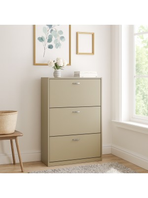 Vista ambientata Scarpiera Salvaspazio in legno colore Tortora 3 ante con doppio scompartimento Totò Piccinni