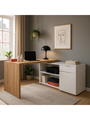 Vista diagonale ambientata con cassetto aperto Scrivania ad angolo colore "Bianco Laccato/Rovere Artisan" in legno con 1 cassetto e 1 anta modello Apex Totò Piccinni