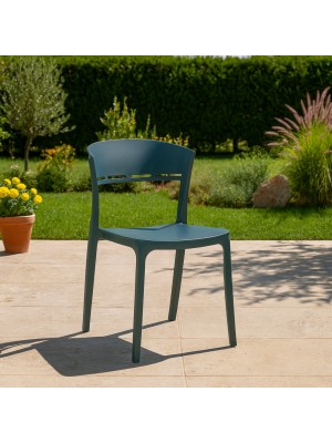 Vista ambientata Sedia in Polipropilene in fibra di vetro colore Petrolio design impilabile modello Delta Totò Piccinni