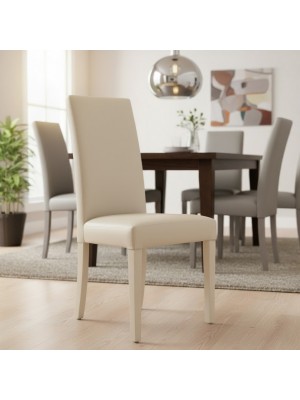 Vista ambientata Sedia imbottita in similpelle colore Beige con struttura e gambe in legno modello Denver Totò Piccinni