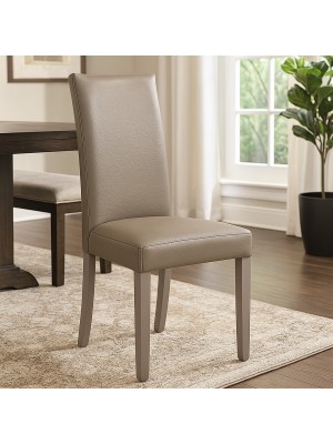 Vista abientata Sedia imbottita in similpelle colore Effetto Nabuk Tortora con struttura e gambe in legno modello Denver Totò Piccinni