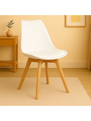 Vista ambientata Sedia in Polipropilene colore Bianco con gambe in legno e cuscino modello Futura Totò Piccinni