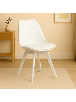 Vista ambientata Sedia in Polipropilene colore Bianco con gambe in plastica e con cuscino modello Futura Totò Piccinni