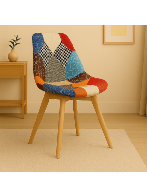 Vista ambientata Sedia in Tessuto colore Patchwork Party con gambe in legno modello Futura Totò Piccinni