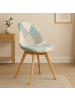 Vista ambientata Sedia in Tessuto colore Patchwork Sky con gambe in legno modello Futura Totò Piccinni