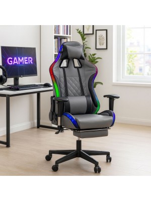 Vista ambientata Sedia gaming colore Grigio ergonomica con led RGB integrati modello Rembogame Totò Piccinni