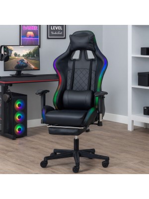 Vista ambientata Sedia gaming colore Nero ergonomica con led RGB integrati modello Rembogame Totò Piccinni