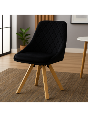 Vista ambientata Sedia in Velluto colore Nero girevole con gambe in legno modello Race Totò Piccinni