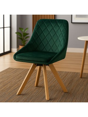 Vista ambientata Sedia in Velluto colore Verde girevole con gambe in legno modello Race Totò Piccinni