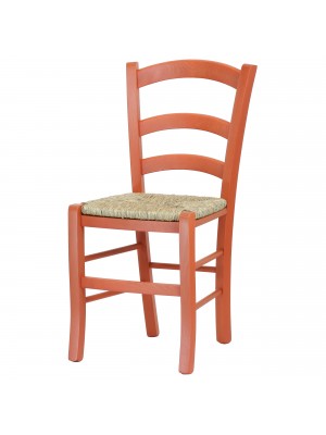 Vista diagonale di una sedia legno paesana Venezia artigianale colore Arancione Totò Piccinni