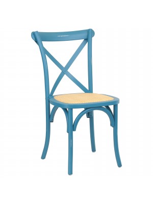 Vista diagonale di una sedia legno Cross artigianale colore azzurro antico Totò Piccinni