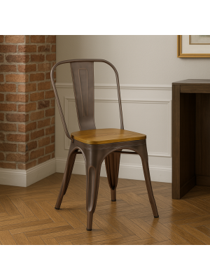 Vista ambientata Sedia da esterno in metallo colore Bronzo con seduta in legno design industriale modello Industry Totò Piccinni