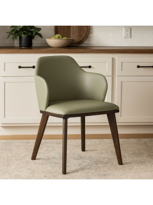 Vista ambientata Sedia moderna in similpelle imbottita colore Tortora con gambe in legno modello Brenta Totò Piccinni