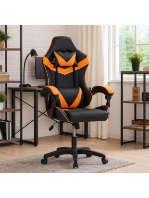 Vista ambientata Sedia gaming in Similpelle colore Arancione girevole reclinabile ed ergonomica modello Gaming Totò Piccini