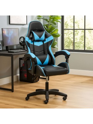 Vista ambientata Sedia gaming in Similpelle colore Azzurro girevole reclinabile ed ergonomica modello Gaming Totò Piccini