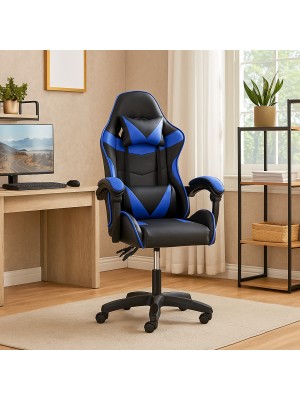 Vista ambientata Sedia gaming in Similpelle colore Blu girevole reclinabile ed ergonomica modello Gaming Totò Piccini