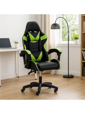 Vista ambientata Sedia gaming in Similpelle colore Verde girevole reclinabile ed ergonomica modello Gaming Totò Piccini