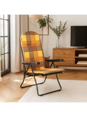 Vista ambientata Poltrona sedia sdraio con prolunga poggiapiedi colore "Struttura Nero - Scozzese Arancione" modello Giulia Totò Piccinni Made in Italy