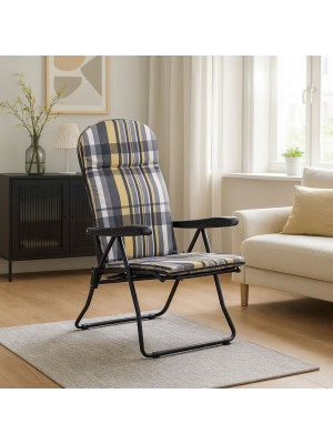 Vista ambientata Poltrona sedia sdraio con prolunga poggiapiedi colore "Struttura Nero - Scozzese Beige/Grigio" modello Giulia Totò Piccinni Made in Italy