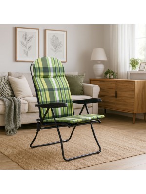 Vista ambientata Poltrona sedia sdraio con prolunga poggiapiedi colore "Struttura Nero - Scozzese Verde/Giallo" modello Giulia Totò Piccinni Made in Italy