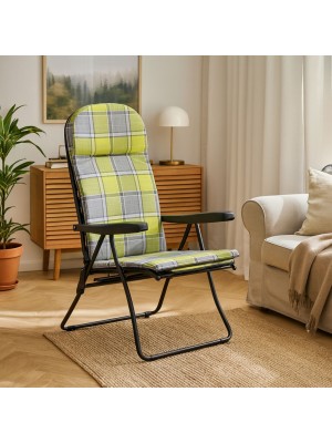 Vista ambientata Poltrona sedia sdraio con prolunga poggiapiedi colore "Struttura Nero - Scozzese Verde/Grigio" modello Giulia Totò Piccinni Made in Italy