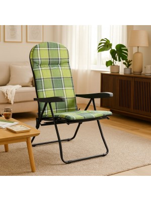 Vista ambientata Poltrona sedia sdraio con prolunga poggiapiedi colore "Struttura Nero - Scozzese Verde" modello Giulia Totò Piccinni Made in Italy