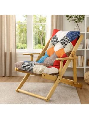 Vista ambientata poltrona sedia sdraio harmony relax in legno pieghevole con 3 posizioni patchwork sky Totò Piccinni