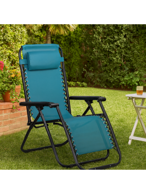 Vista ambientata Sedia a sdraio Gravity gravità zero reclinabile e pieghevole adatta ad ambienti esterni in robusto acciaio e resistente textilene lavabile colore Petrolio
