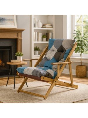 Vista ambientata poltrona sedia sdraio harmony relax in legno pieghevole con 3 posizioni patchwork Moon Totò Piccinni