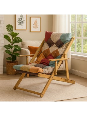 Vista ambientata poltrona sedia sdraio harmony relax in legno pieghevole con 3 posizioni Patchwork Touch