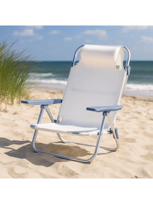 Vista ambientata sedia da spiaggia in alluminio con colore tessuto Bianco- Avana Totò Piccinni