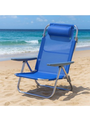 Vista ambientata sedia da spiaggia in alluminio con colore tessuto Blu- Avana Totò Piccinni