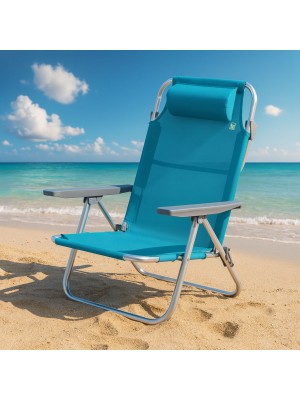 Vista ambientata sedia da spiaggia in alluminio con colore tessuto Blu- Avana Totò Piccinni