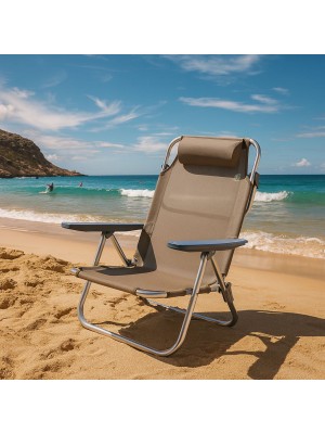 Vista ambientata sedia da spiaggia in alluminio con colore tessuto Tortora- Avana Totò Piccinni