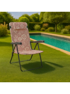Vista ambientata Sdraio colore "Rosa Floreale" con braccioli e cuscino in Textilene modello Lipbul Totò Piccinni