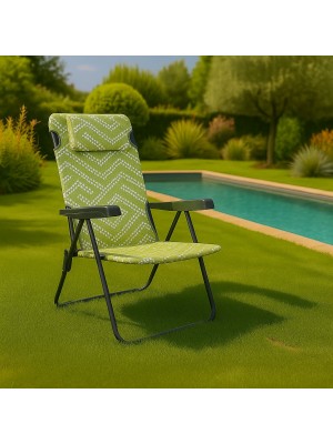 Vista ambientata Sdraio colore "Verde Mosaico" con braccioli e cuscino in Textilene modello Lipbul Totò Piccinni