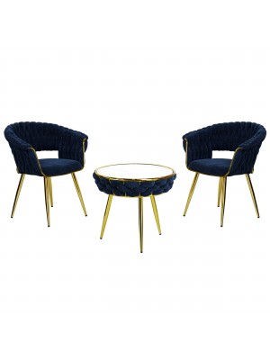 Set tavolino 2 poltroncine vellutato imbottito colore Blu con finiture in oro modello Royal A Totò Piccinni