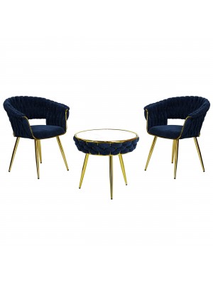 Set Tavolino e 2 Poltroncine ROYAL A intrecciati in morbida ciniglia vellutata imbottita con finitura oro (Blu)