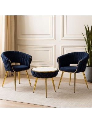 Vista ambientata Set tavolino 2 poltroncine vellutato imbottito colore Blu con finiture in oro modello Royal A Totò Piccinni