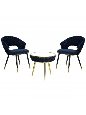 Set tavolino 2 poltroncine vellutato imbottito colore Blu con finiture nero e oro modello Royal B Totò Piccinni