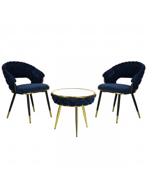 Set Tavolino e 2 Poltroncine ROYAL B intrecciati in morbida ciniglia vellutata imbottita con finitura nero e oro (Blu)