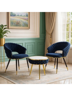 Vista ambientata Set tavolino 2 poltroncine vellutato imbottito colore Blu con finiture nero e oro modello Royal B Totò Piccinni