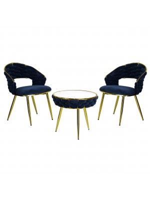 Set tavolino 2 poltroncine vellutato imbottito colore Blu finitura in oro modello Royal C Totò Piccinni