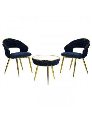 Set Tavolino e 2 Poltroncine ROYAL C intrecciati in morbida ciniglia vellutata imbottita con finitura oro (Blu)