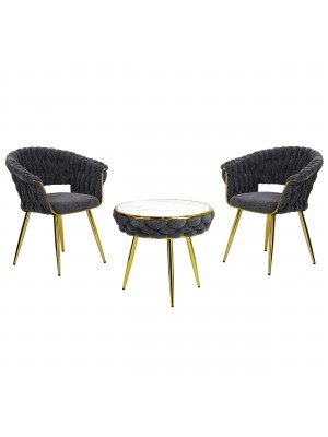 Set tavolino 2 poltroncine vellutato imbottito colore Grigio con finiture in oro modello Royal A Totò Piccinni