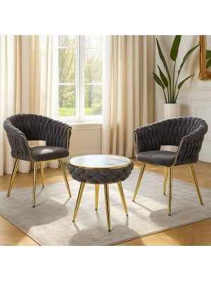 Vista ambientata Set tavolino 2 poltroncine vellutato imbottito colore Grigio con finiture in oro modello Royal A Totò Piccinni
