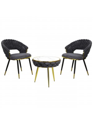 Set Tavolino e 2 Poltroncine ROYAL B intrecciati in morbida ciniglia vellutata imbottita con finitura nero e oro (Grigio)