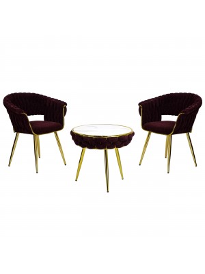 Set tavolino 2 poltroncine vellutato imbottito colore Porpora con finiture in oro modello Royal A Totò Piccinni